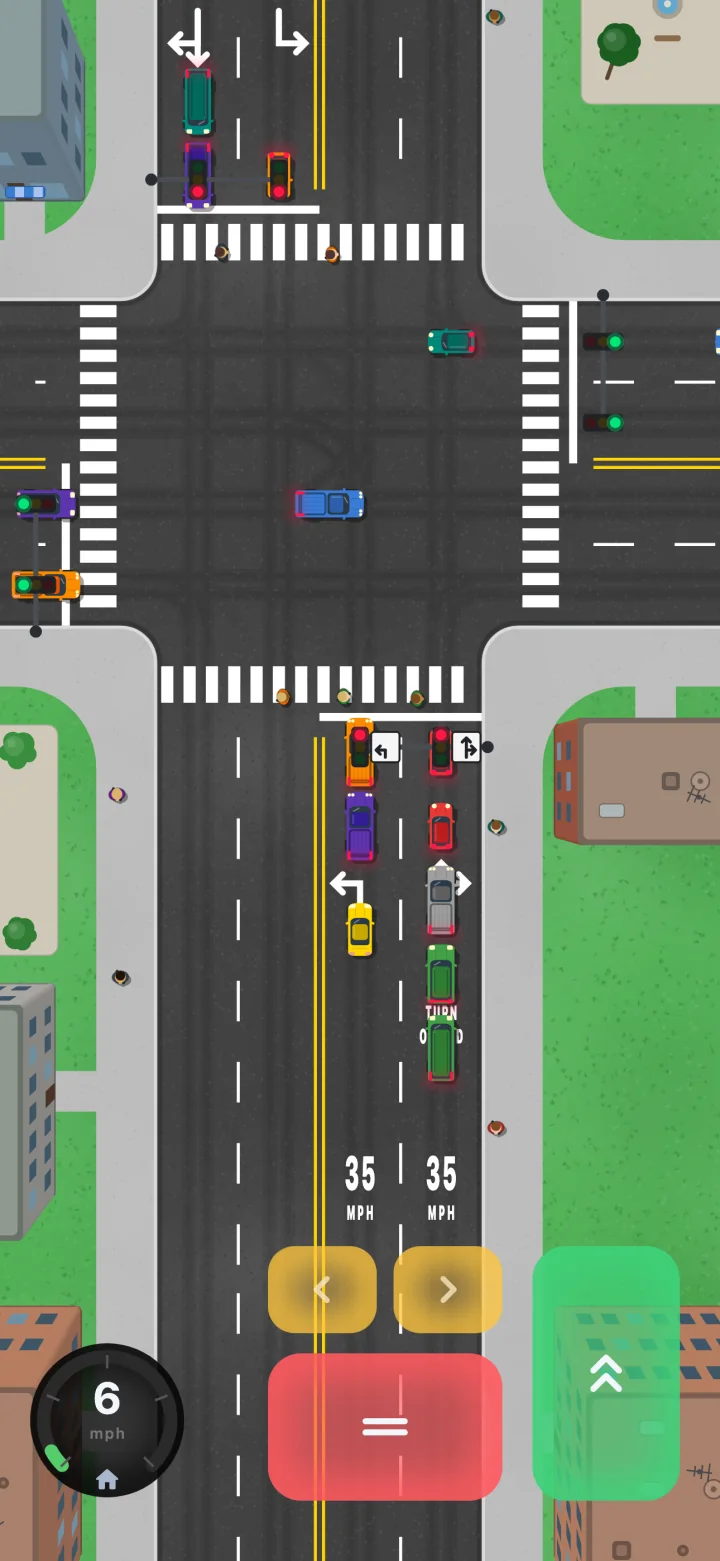 The game seen from above: the player's yellow car waits in the left-turn lane at a city intersection with traffic lights, crosswalks and 35 mph lane markings.